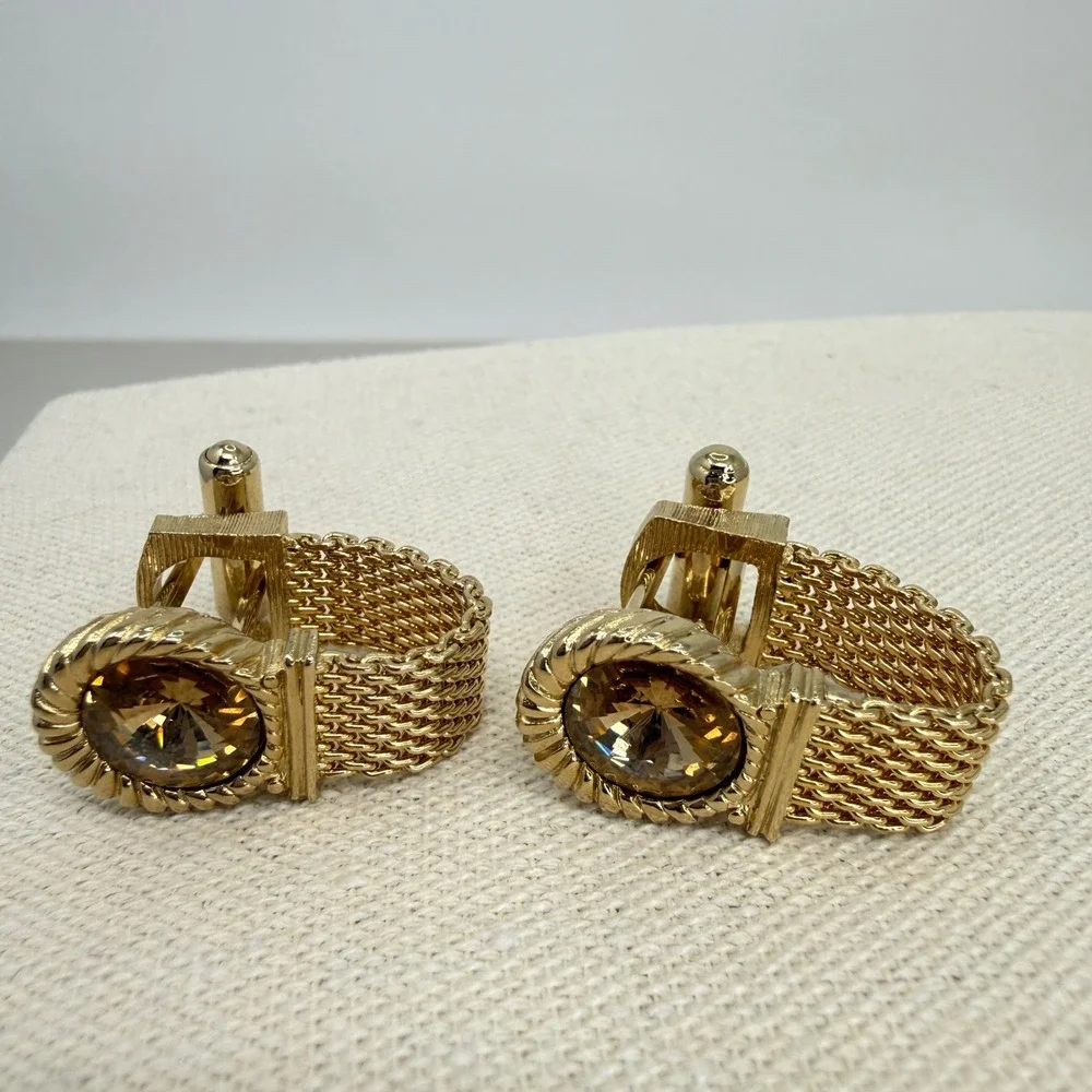 Vintage Swank Mesh Wrap Cufflinks Amber Crystal Rivoli Stone MCM Gold Tone